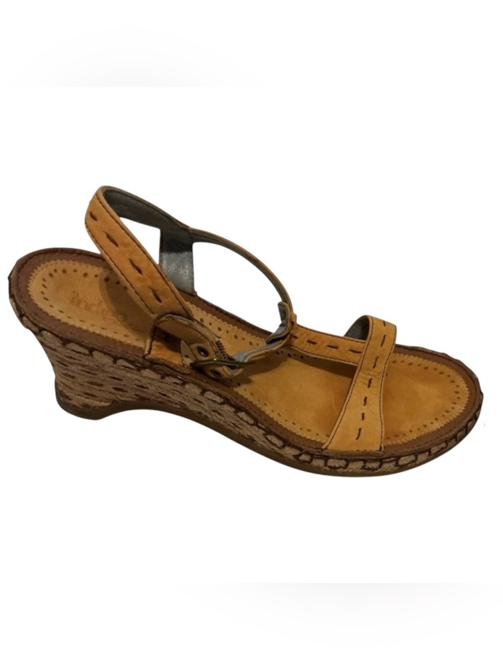 Indigo by Clarks Tan Leather Slingback Wedge Sandals Sz 9 Jute Heel Comfort Boho